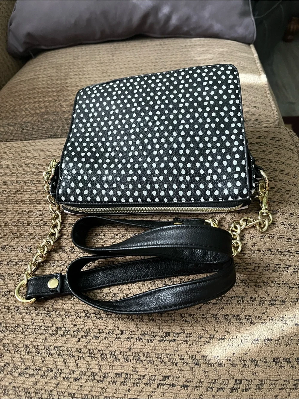 Betsey Johnson Pink, Black and White Polka Dot Crossbody Bag with Gold Hardware